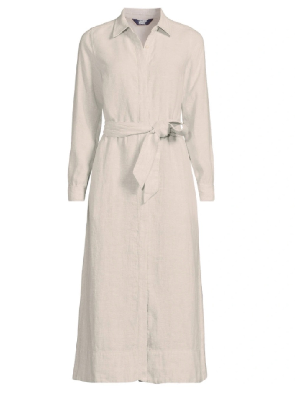 Lands' End Women’s Large Beige Long-Sleeve Tie-Waist 100% Linen Maxi Shirt Dress